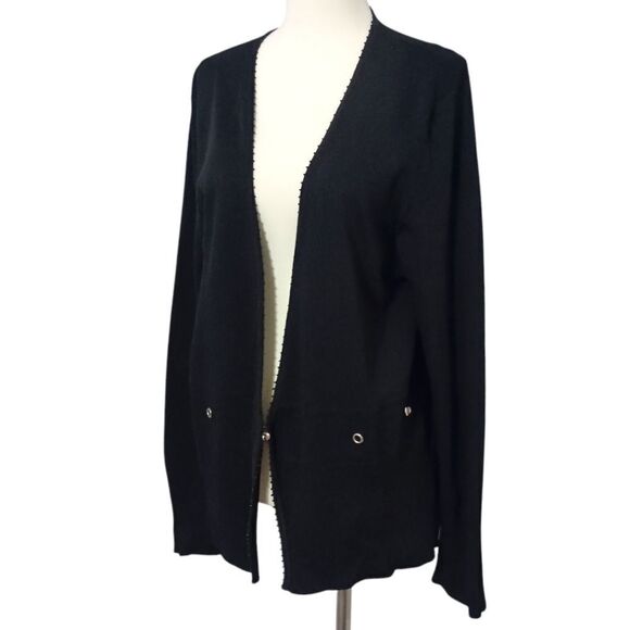 Carducci Cardigan XL Sweater Black Rib Knit Long Sleeve Beaded Neckline Grommets - Picture 5 of 16